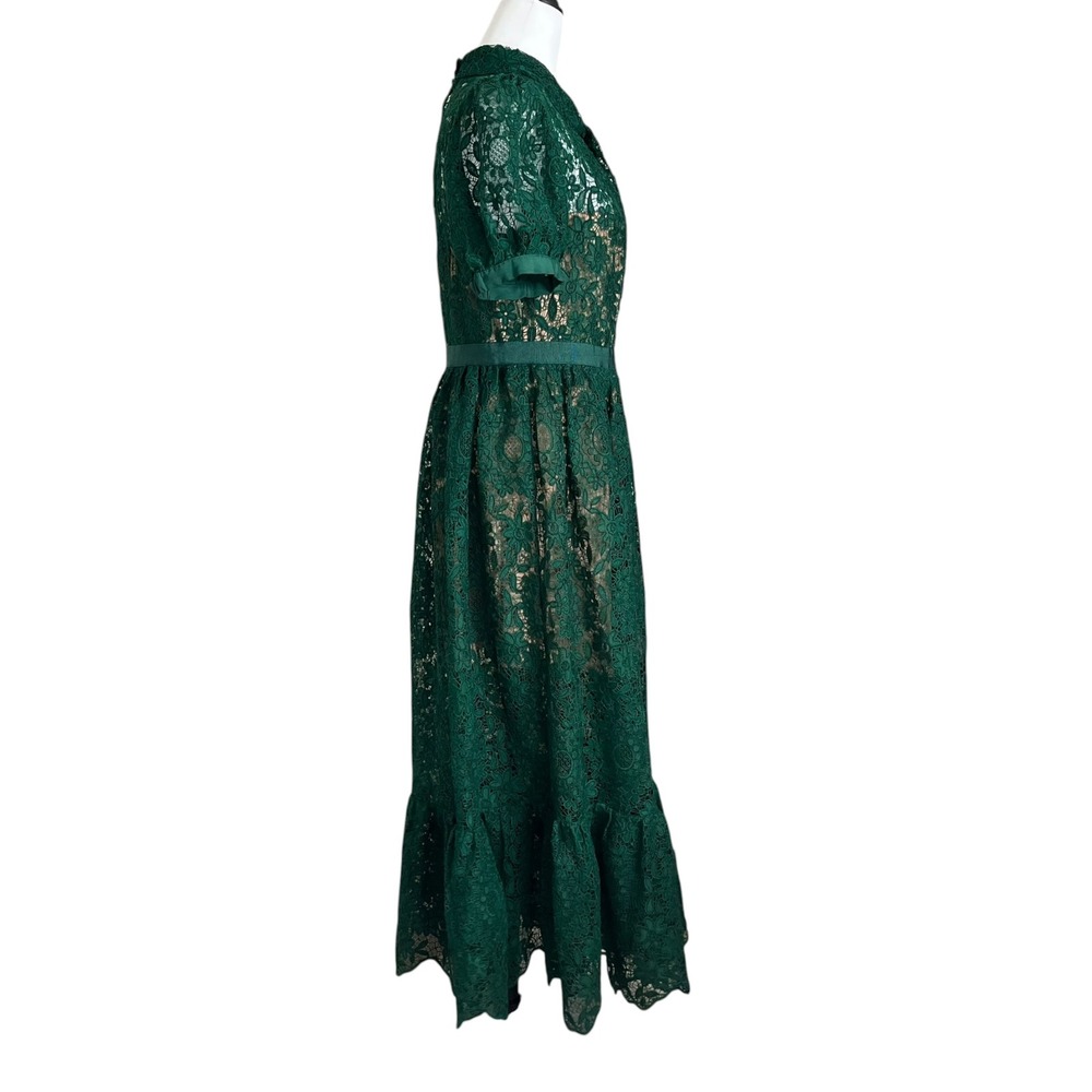 Self-Portrait Green Guipure Lace Midi Dress Women's US 10 Puff Sleeve Formal - Picture 4 of 9